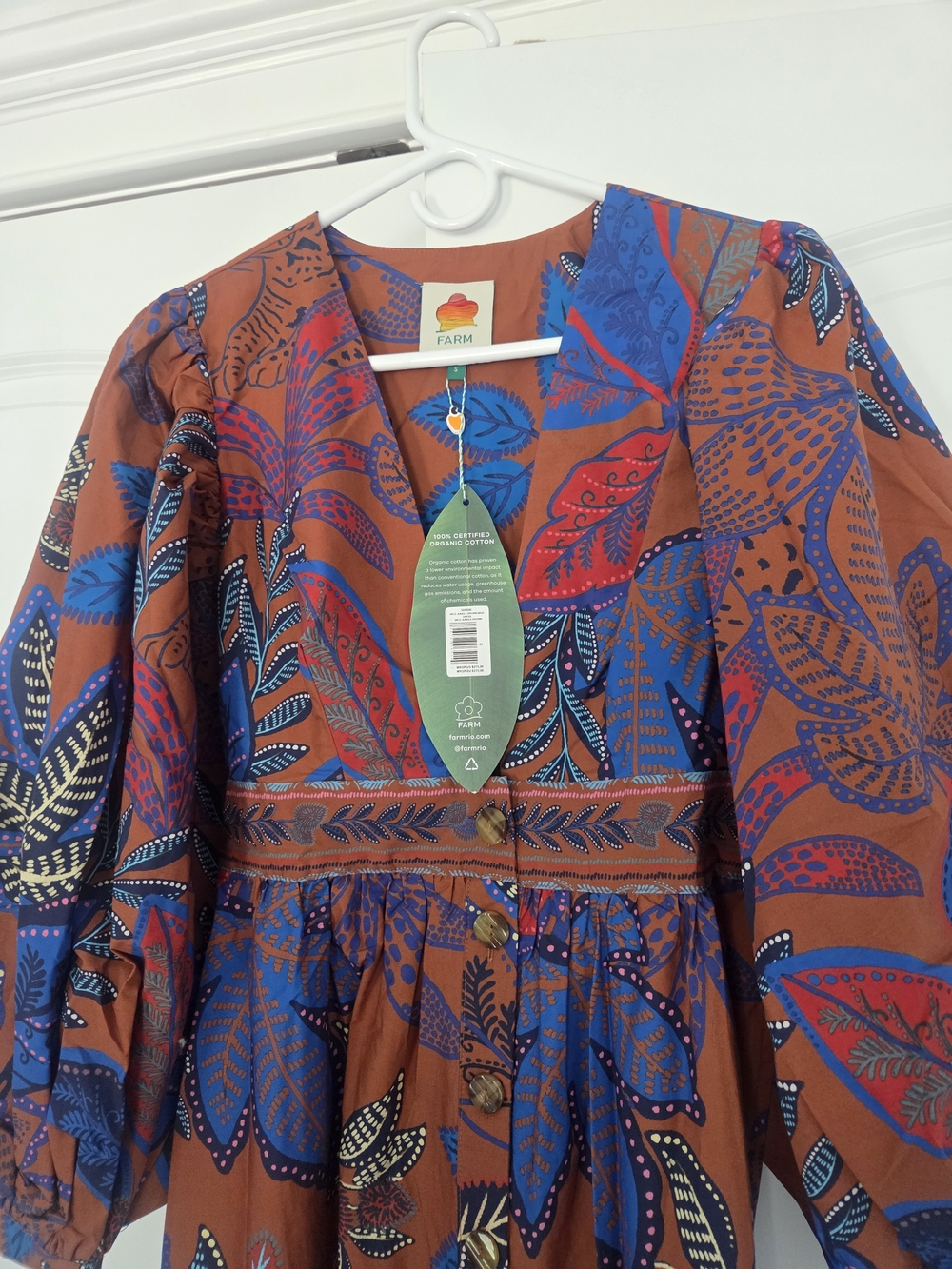 FARM Rio Rust Dress with Bold Blue & Pink Leaf Motif NWT